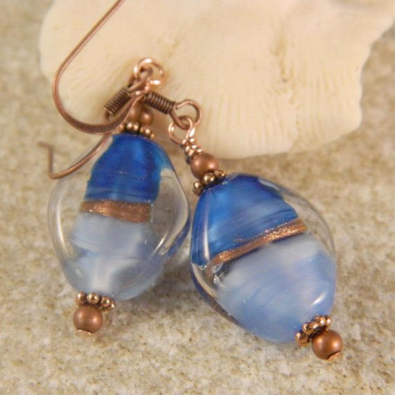Blue and Copper Lampwork Earrings